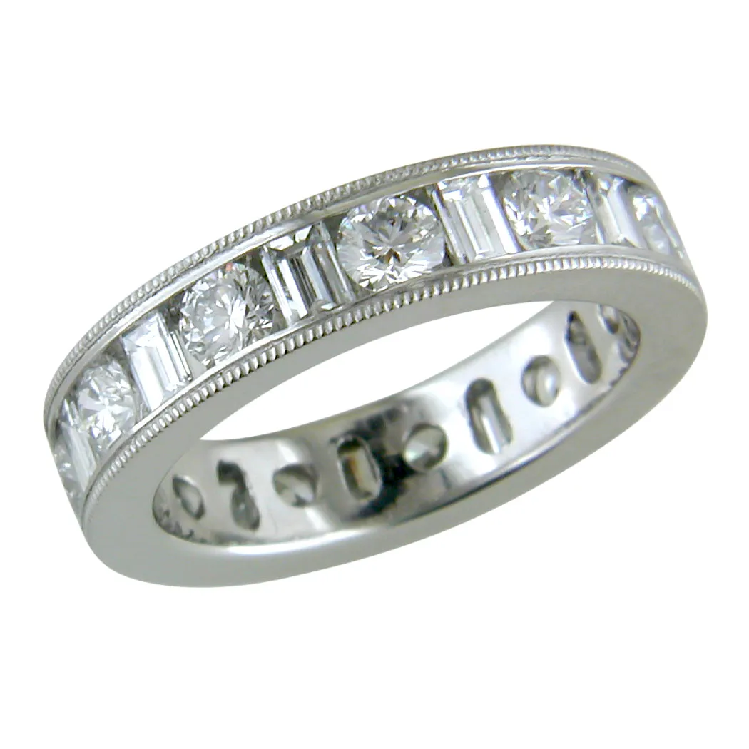 Round & Baguette Diamond Alternating Eternity Channel Set Platinum Wedding Band Ring