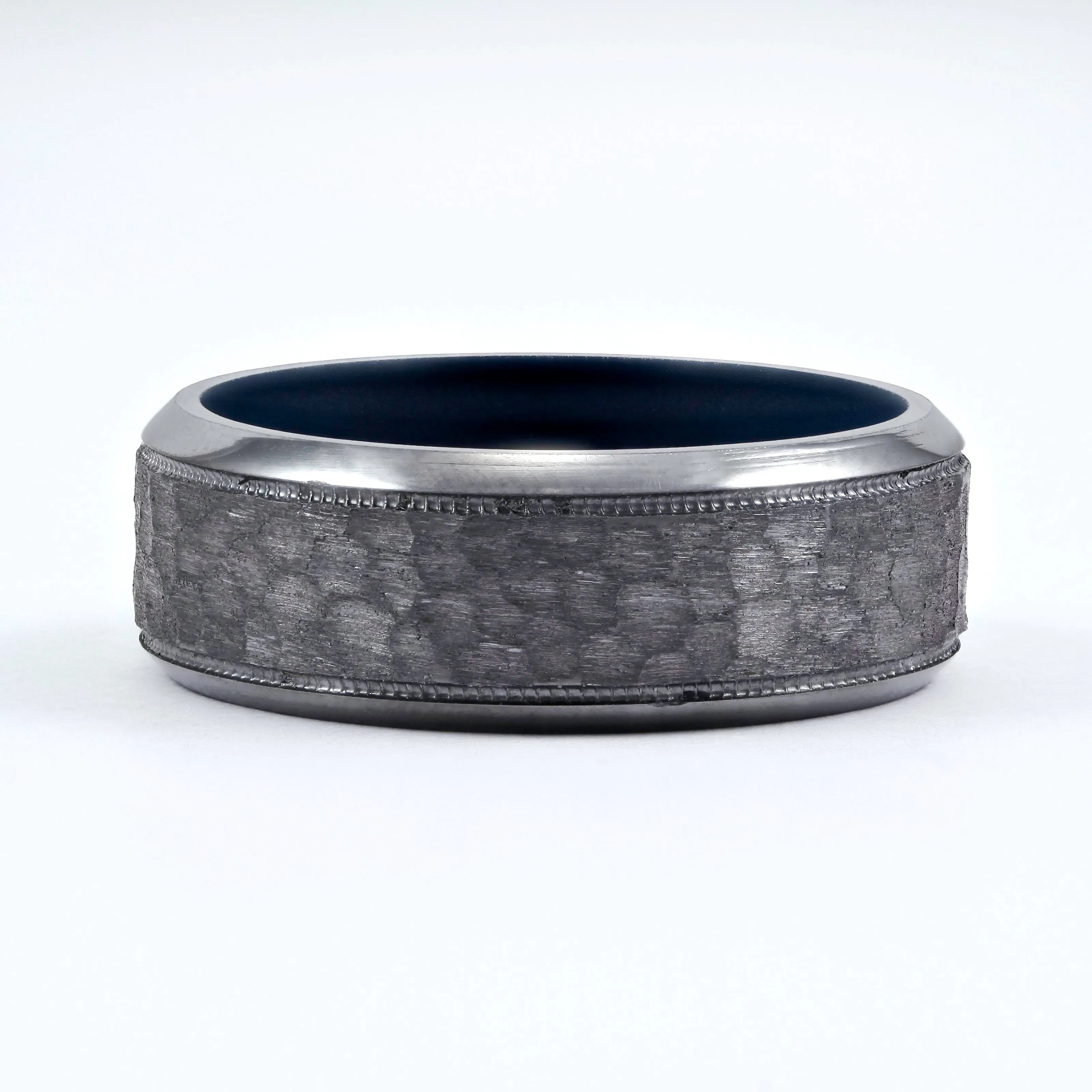 SATIN HAMMERED TANTALUM AND BLUE STONE WEDDING BAND