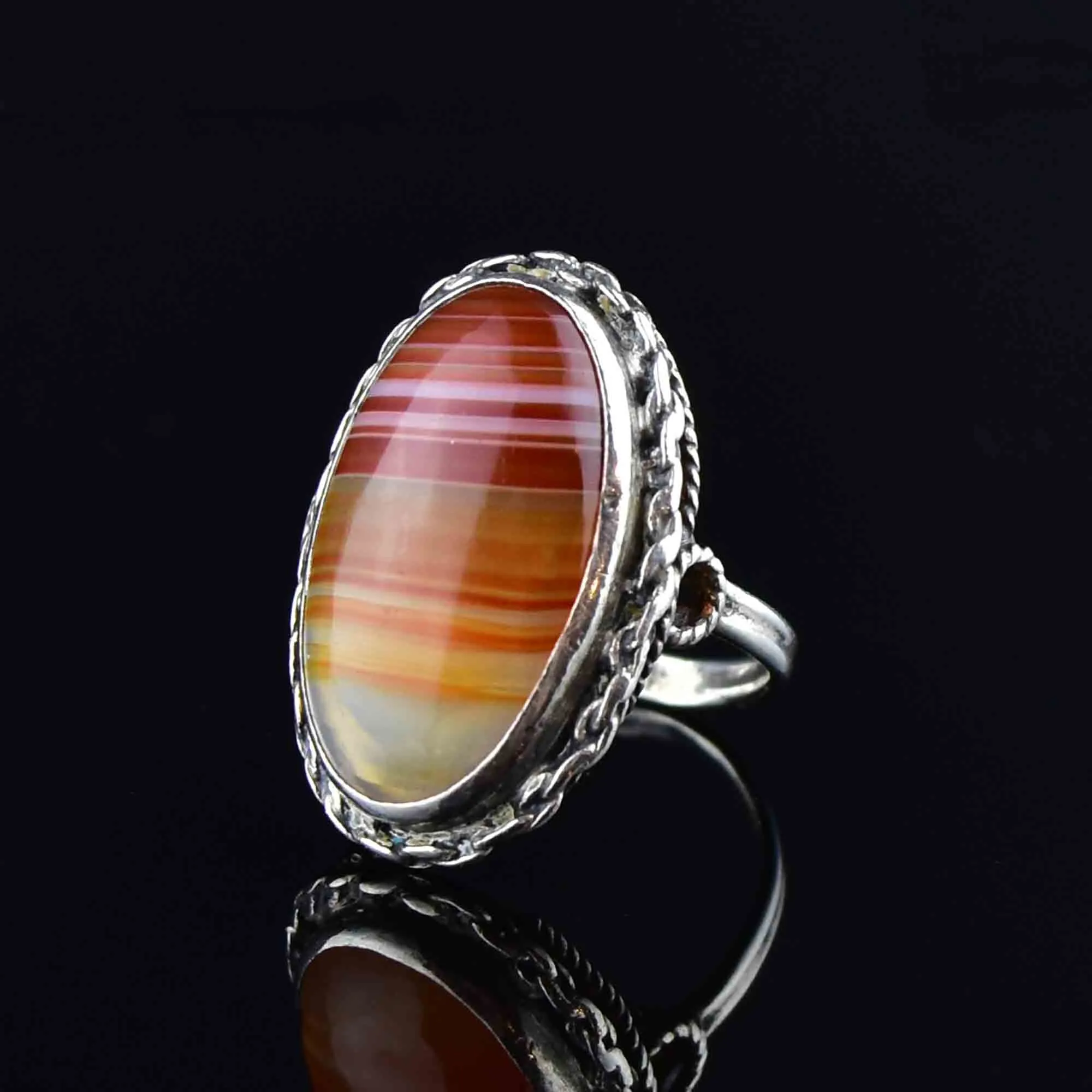 Silver Rope Carnelian Banded Agate Ring