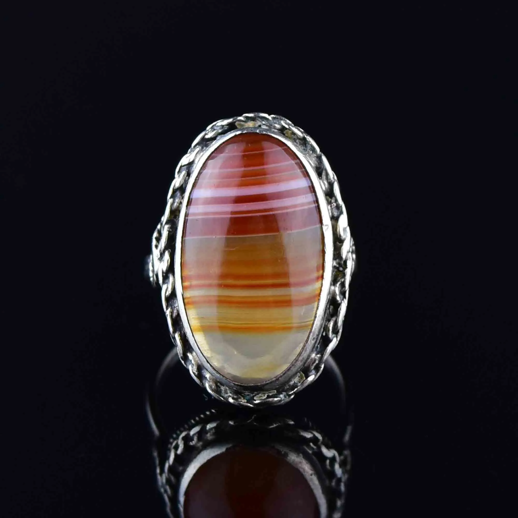 Silver Rope Carnelian Banded Agate Ring