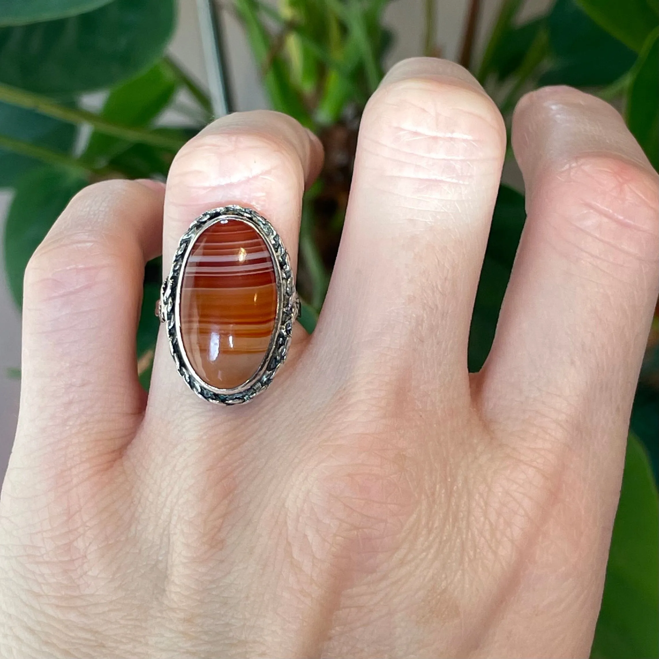 Silver Rope Carnelian Banded Agate Ring