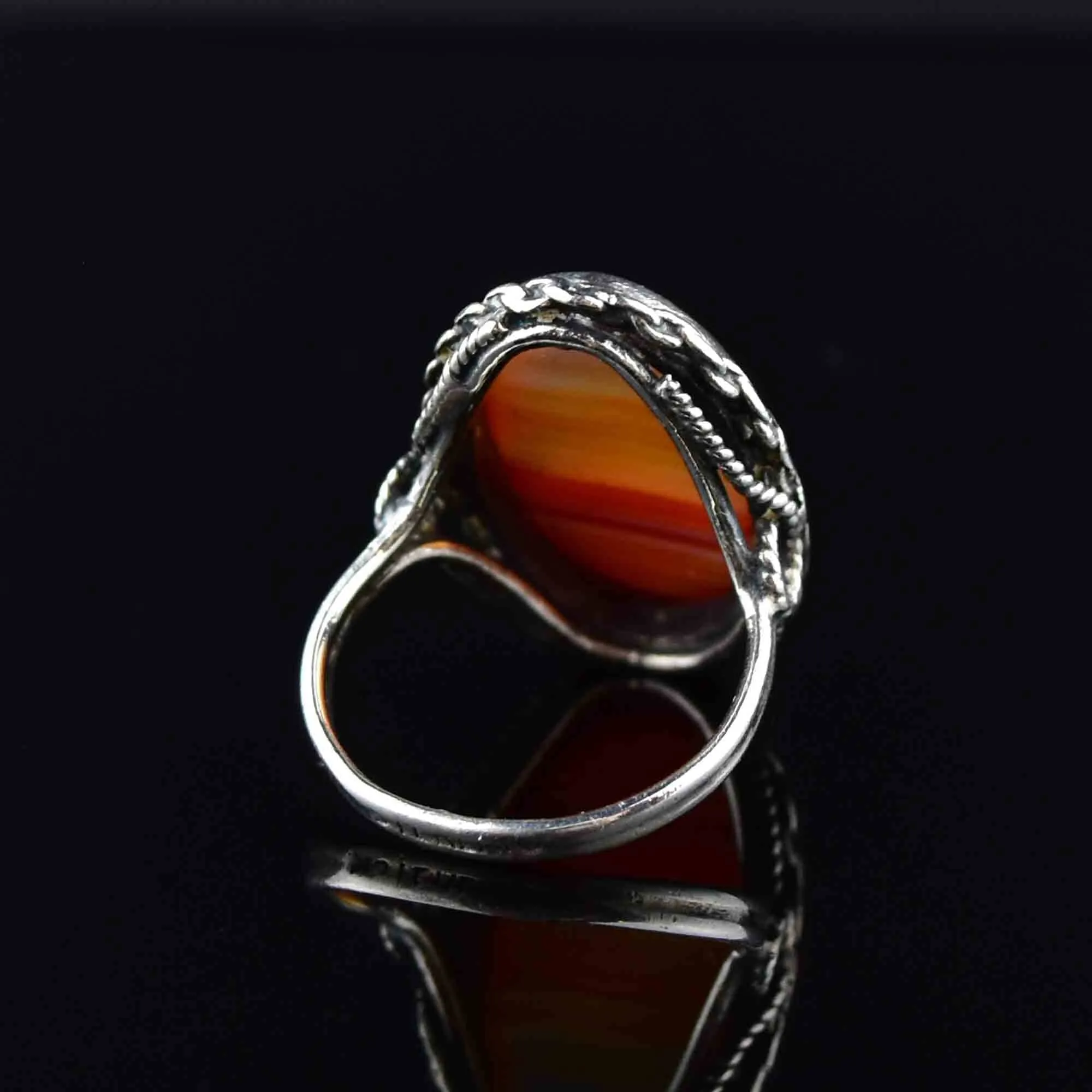 Silver Rope Carnelian Banded Agate Ring