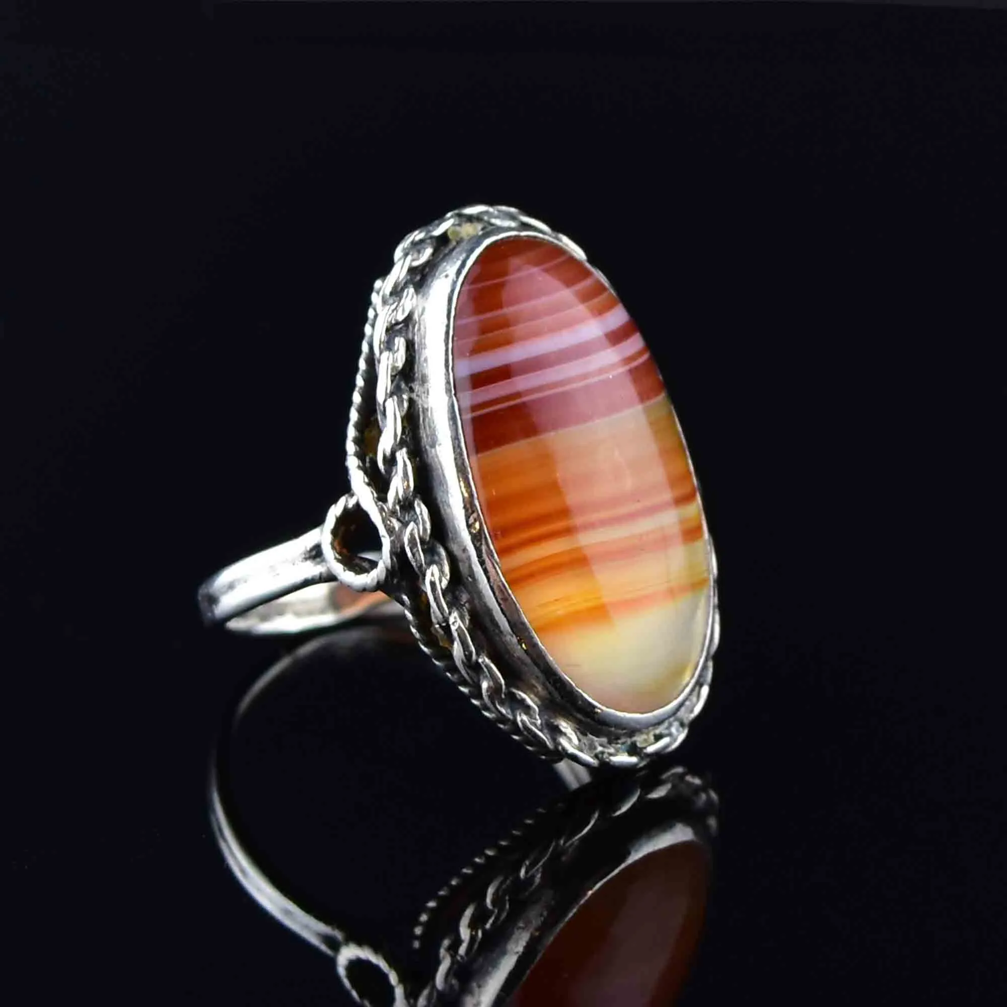 Silver Rope Carnelian Banded Agate Ring