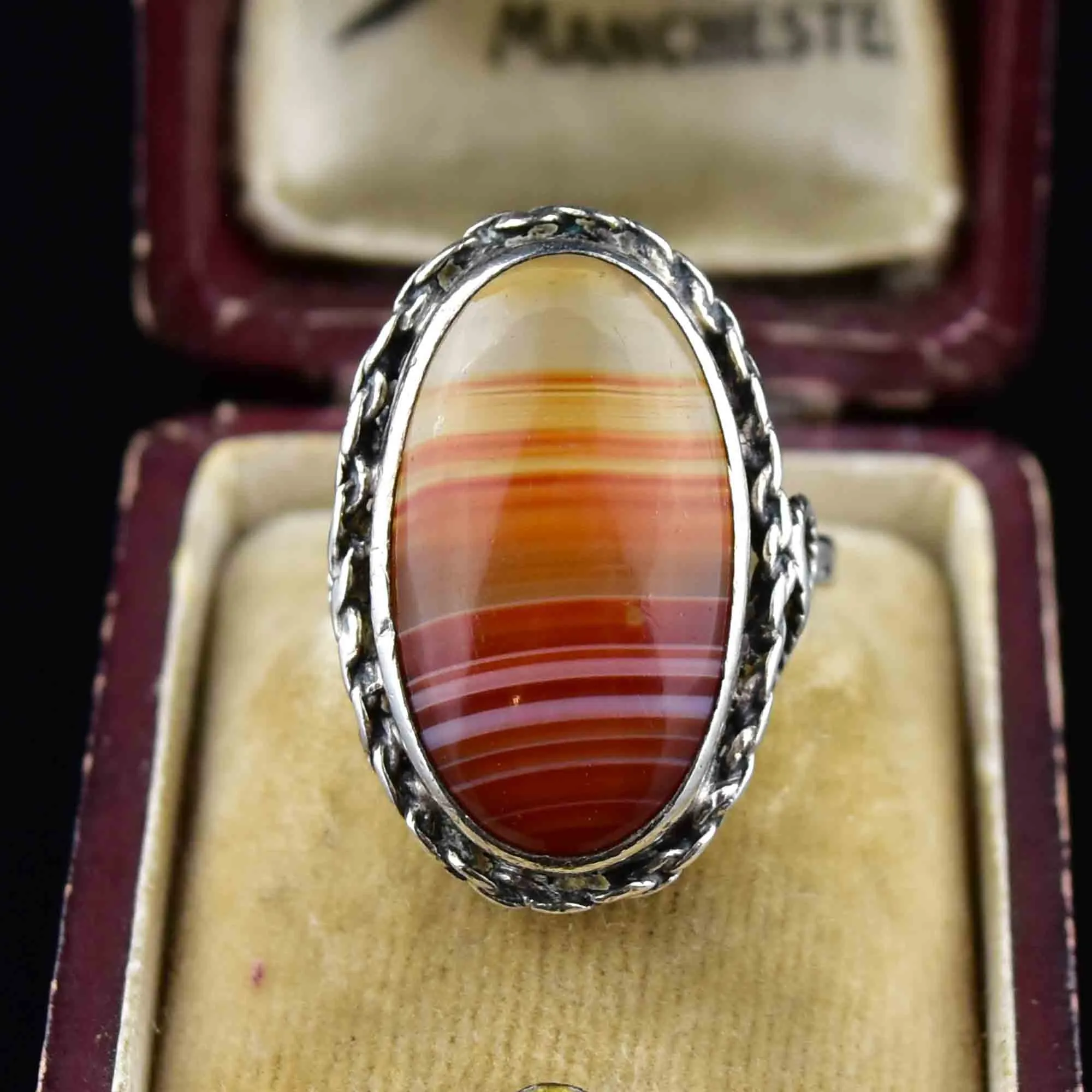 Silver Rope Carnelian Banded Agate Ring