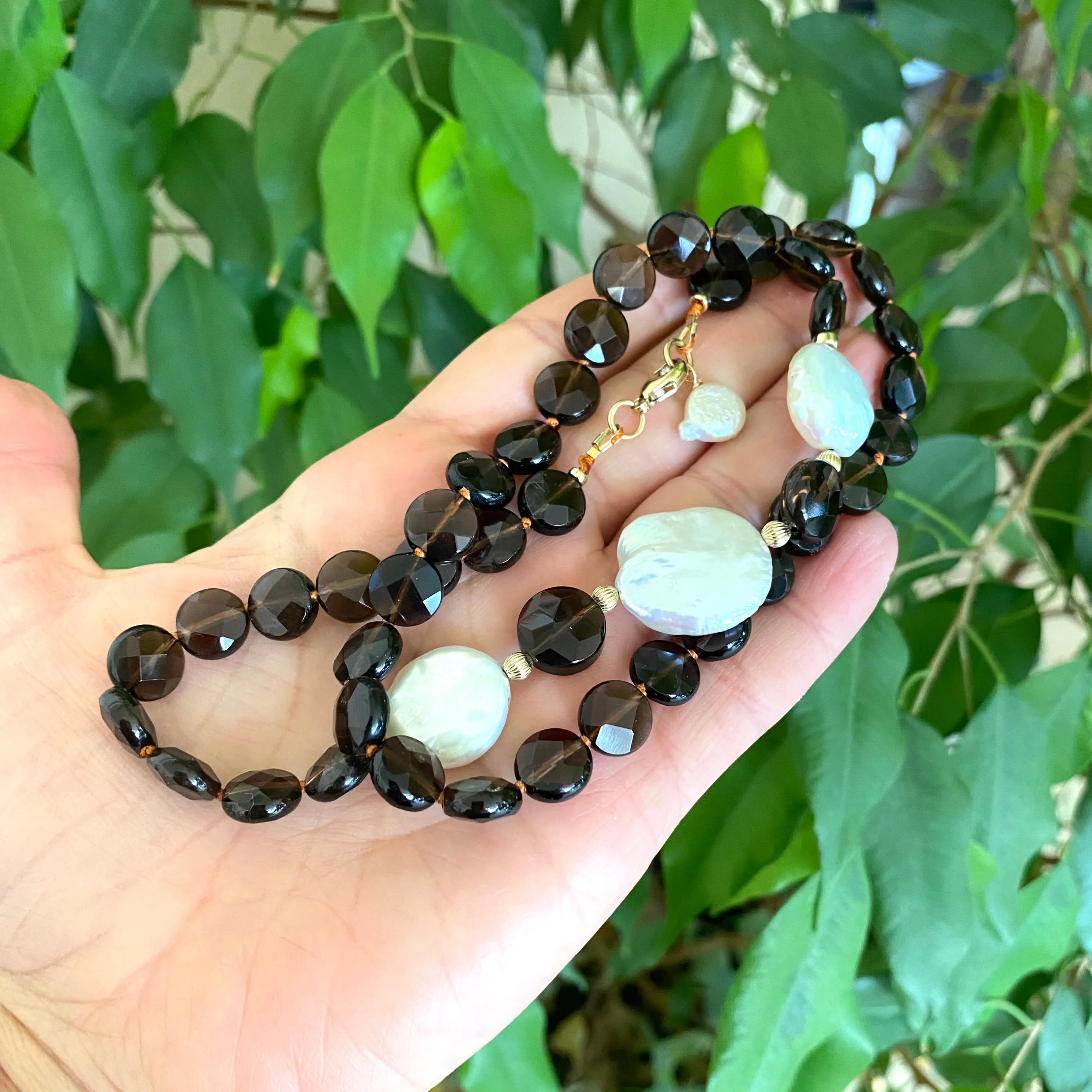 Smoky Quartz Flat Coin Beads & Fresh Water Coin Pearls Short Necklace, Gold Filled Details, 22inches