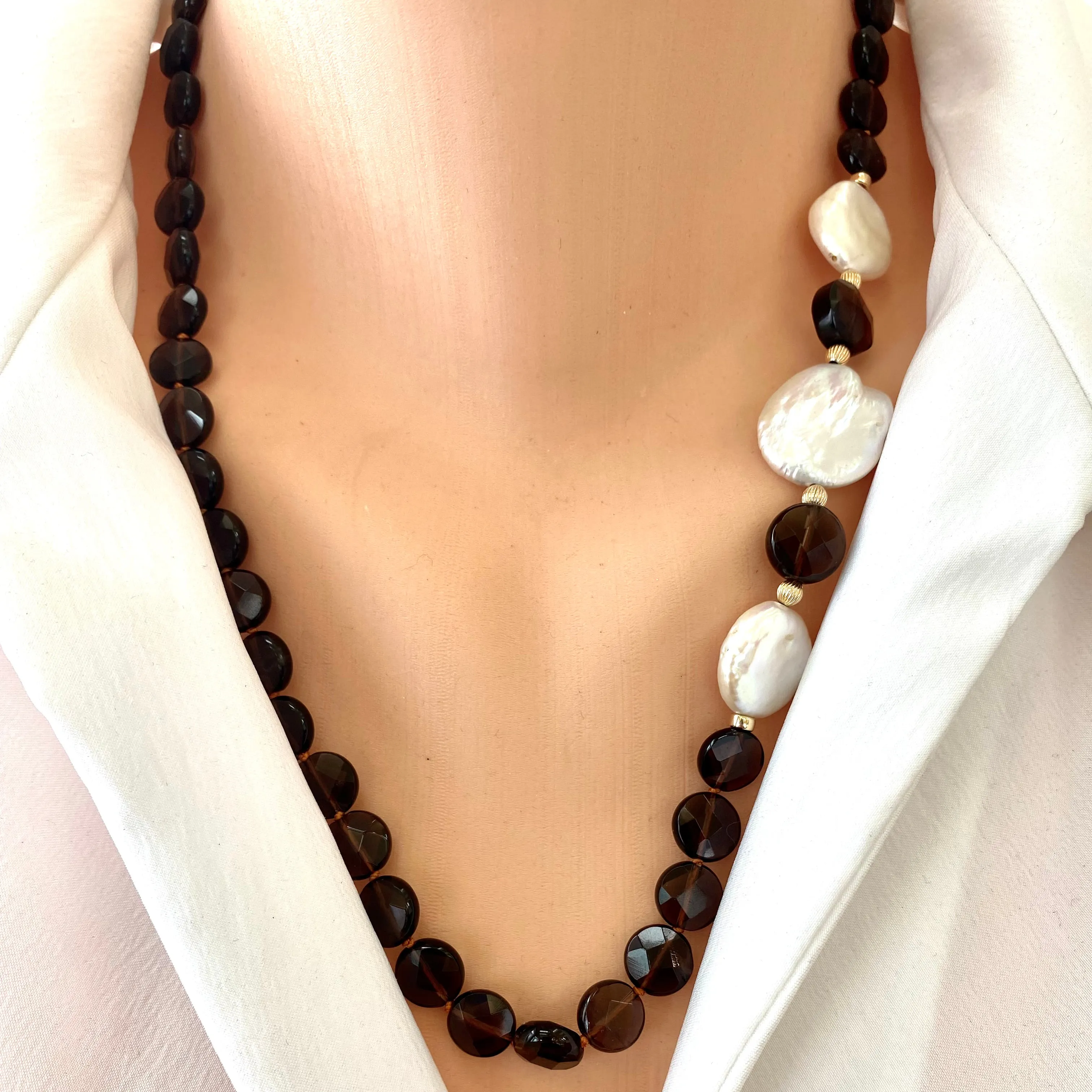 Smoky Quartz Flat Coin Beads & Fresh Water Coin Pearls Short Necklace, Gold Filled Details, 22inches