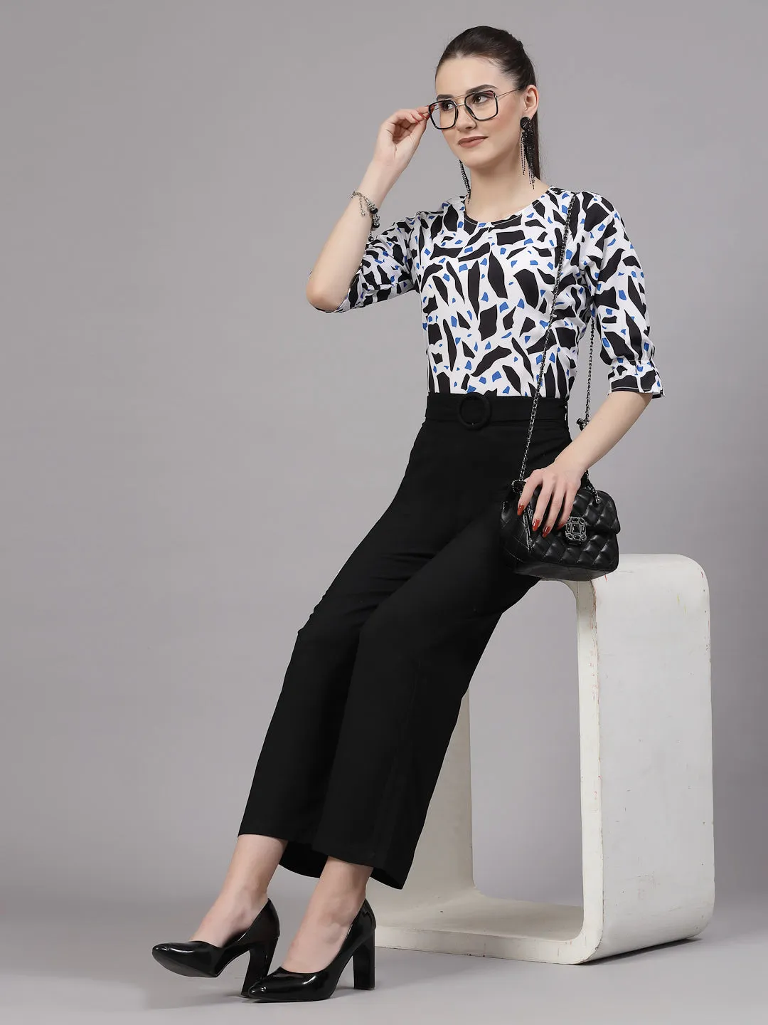 Style Quotient Women Blue and Multi Abstract Printed Smart Casual Top