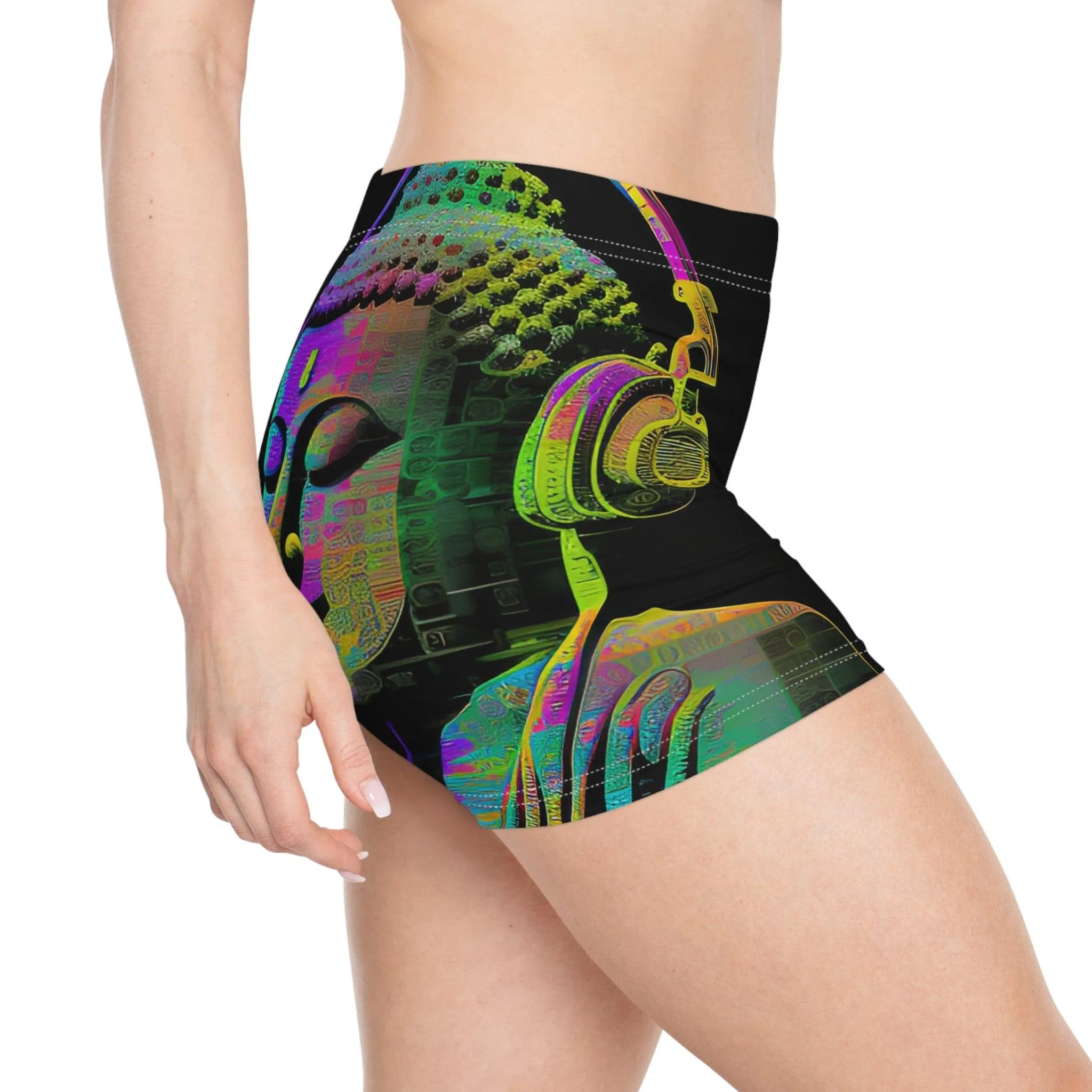 Subtle Buddha Smiling Wearing Headphone - Women's Shorts (AOP) - for Activewear or Yogawear