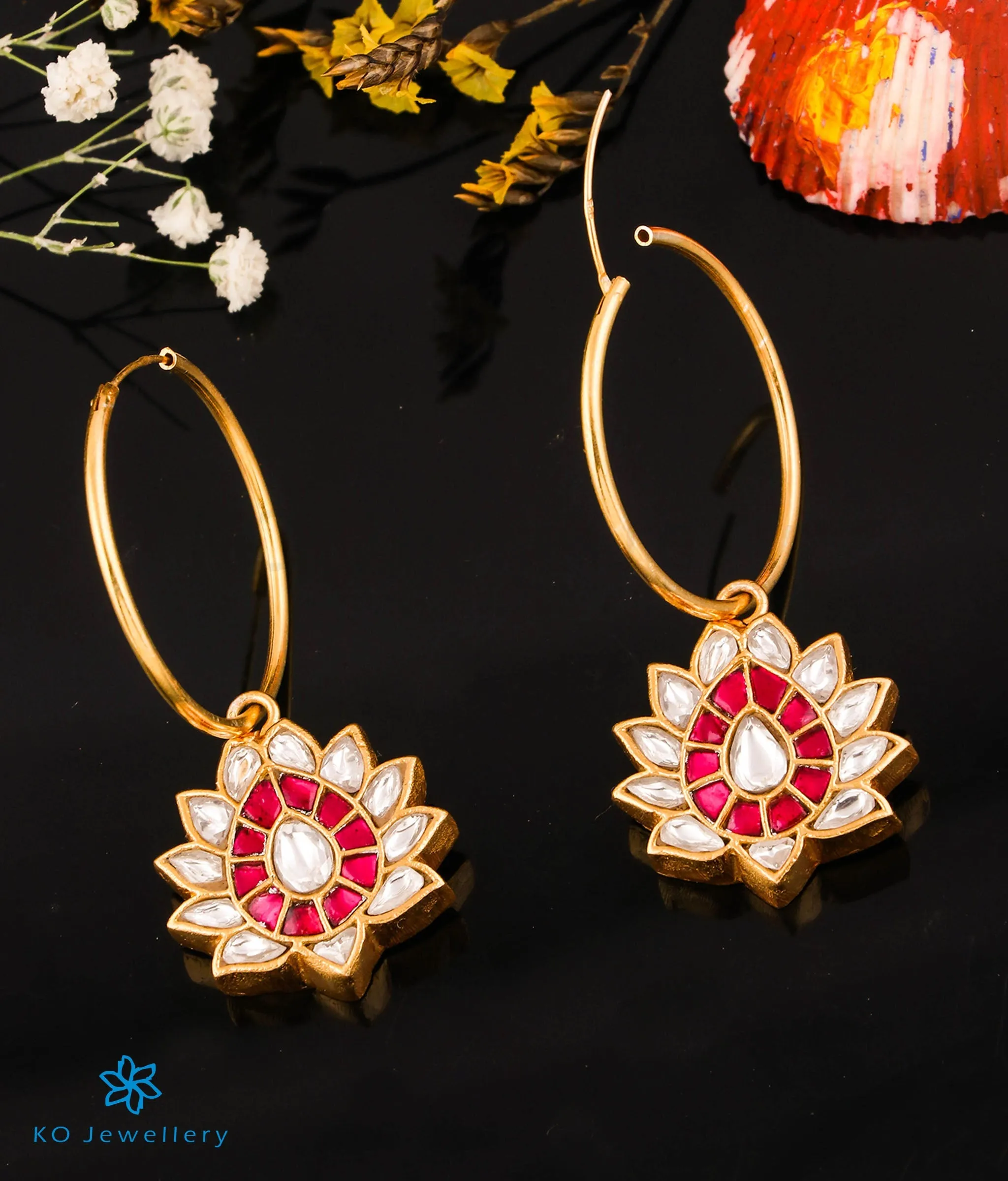 The Red Flower Silver Kundan Hoops