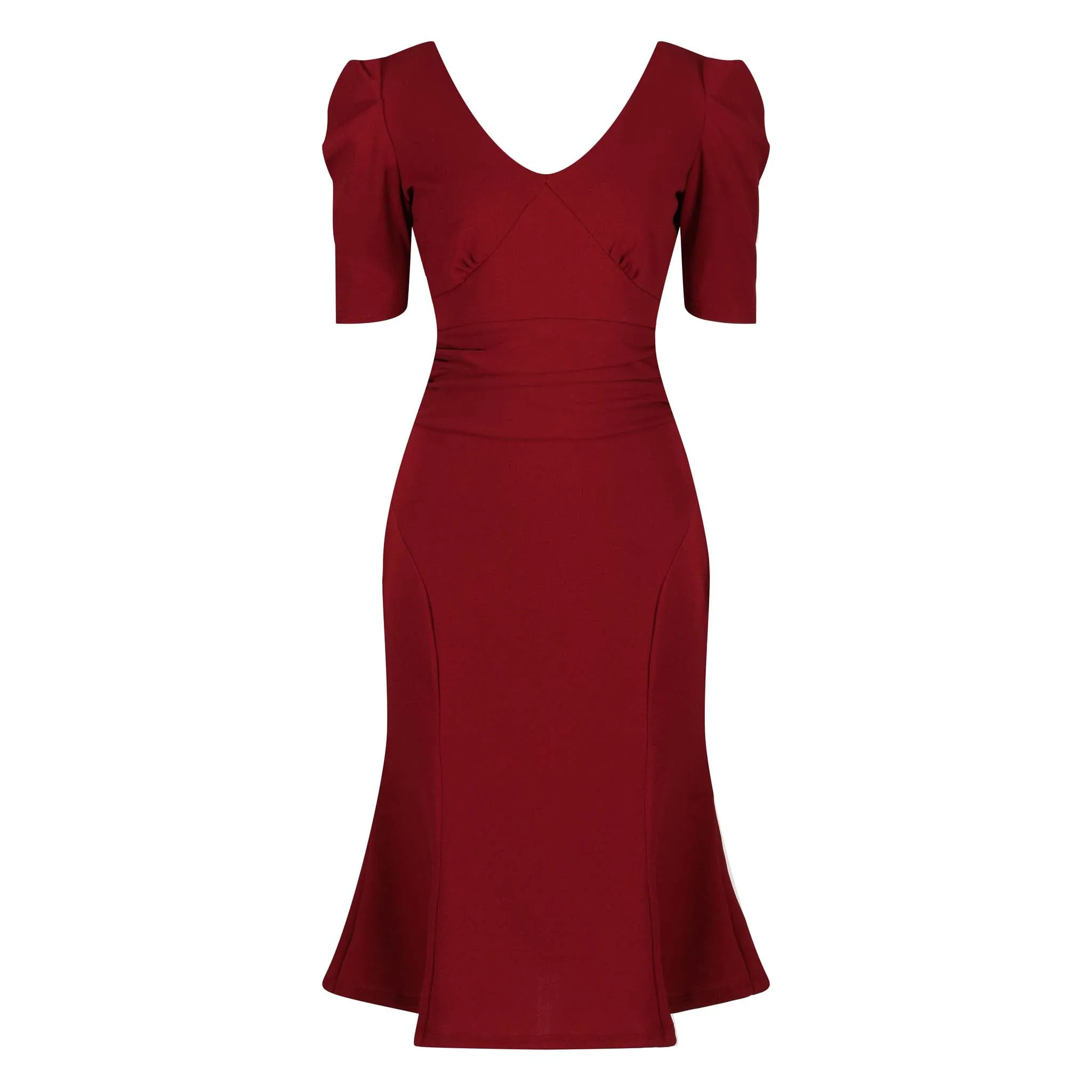 Vintage 1940s Wine Red Gathered Puff Sleeve Pencil Dress