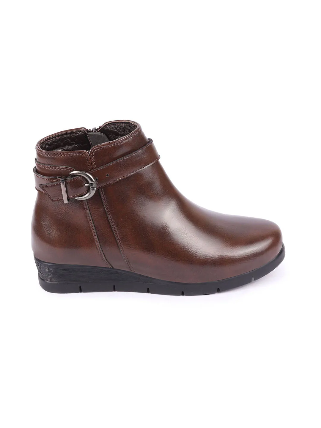 Women Brown High Ankle Broad Feet Side Zipper Closure Casual Buckle Boots