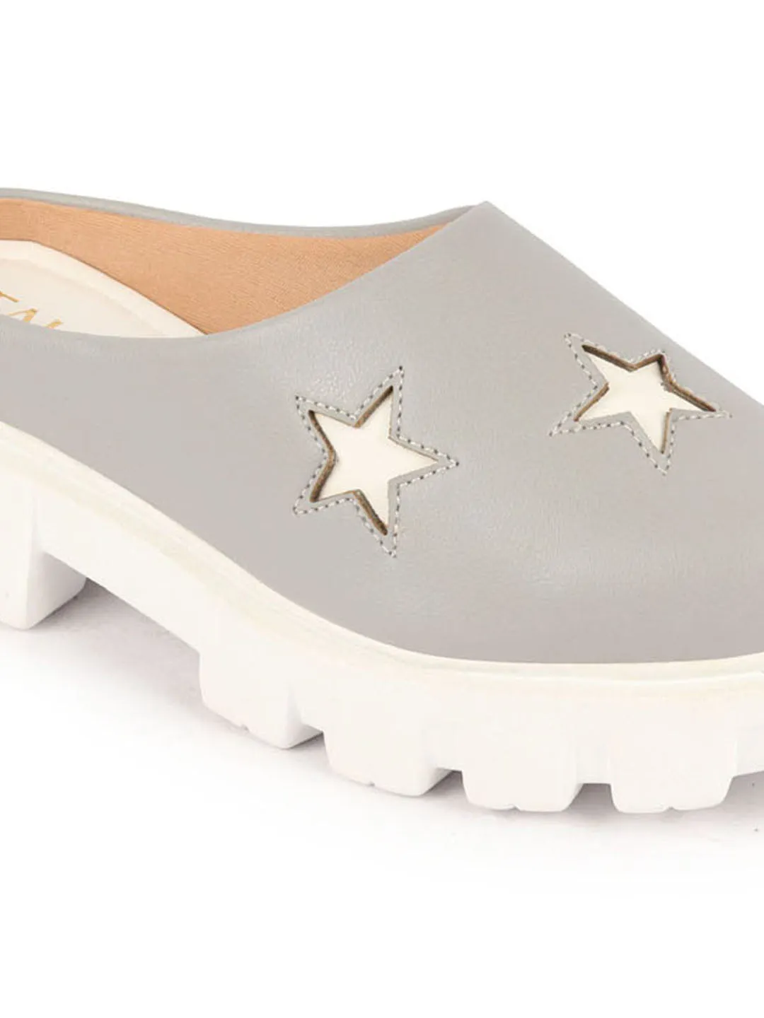 Women Grey Laser Cut Star Open Back Height Enhancer Slip On Casual Shoes