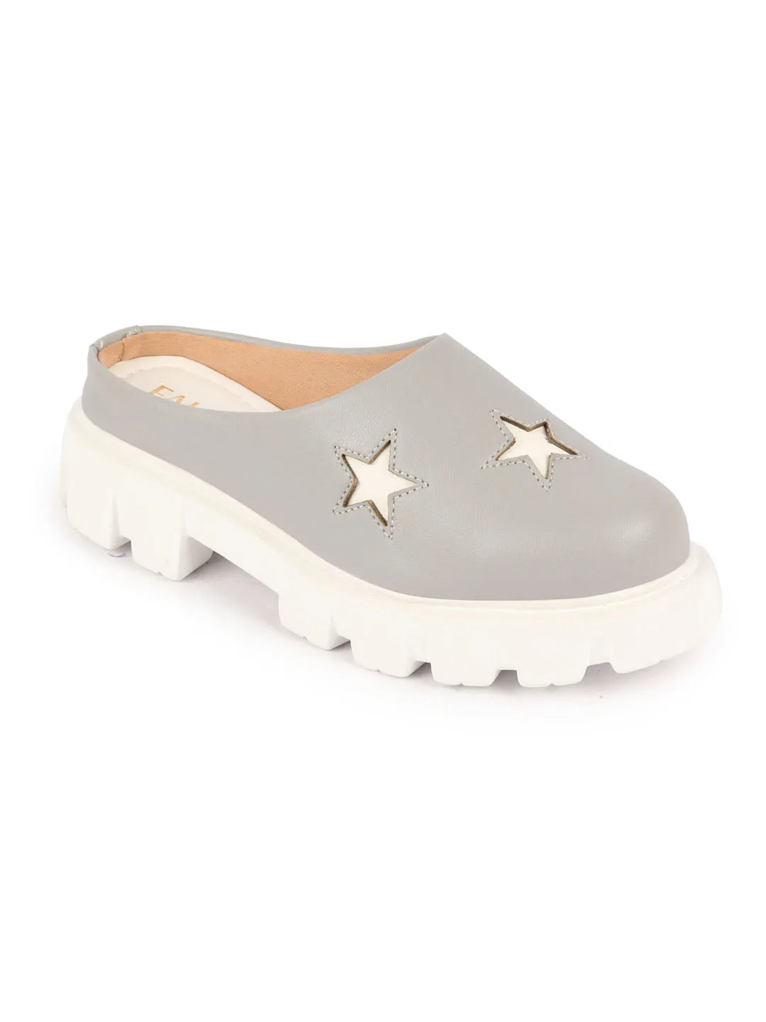 Women Grey Laser Cut Star Open Back Height Enhancer Slip On Casual Shoes