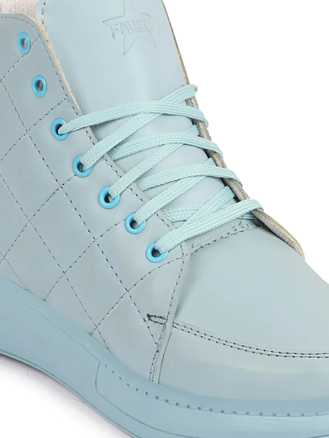 Women Sky Blue High Ankle Top Wedge Heels Stitched Design Lace Up Sneakers Shoes